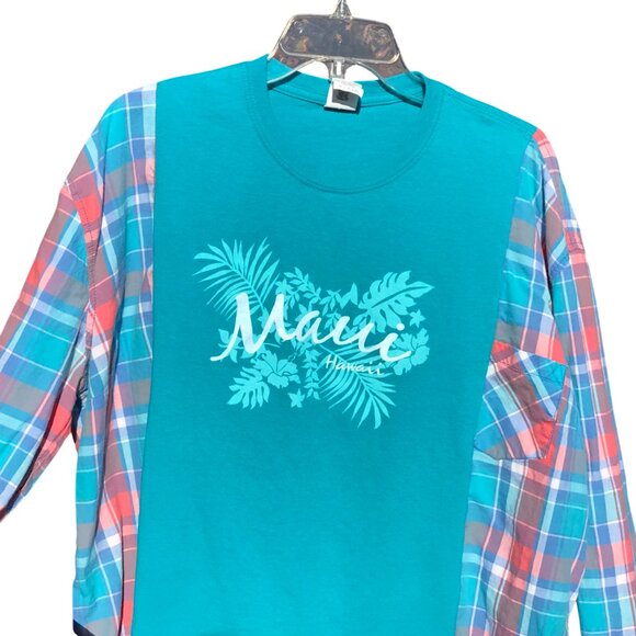 Reworked Maui Shirt, Size L to XL: Upcycled Oversized Teal Hawaiian Sweatshirt - Picture 1 of 9